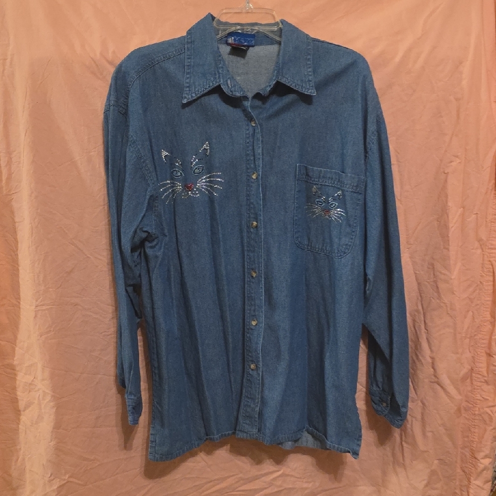 Womens' Las Olas Cat Designs  Denim Shirt 1X
